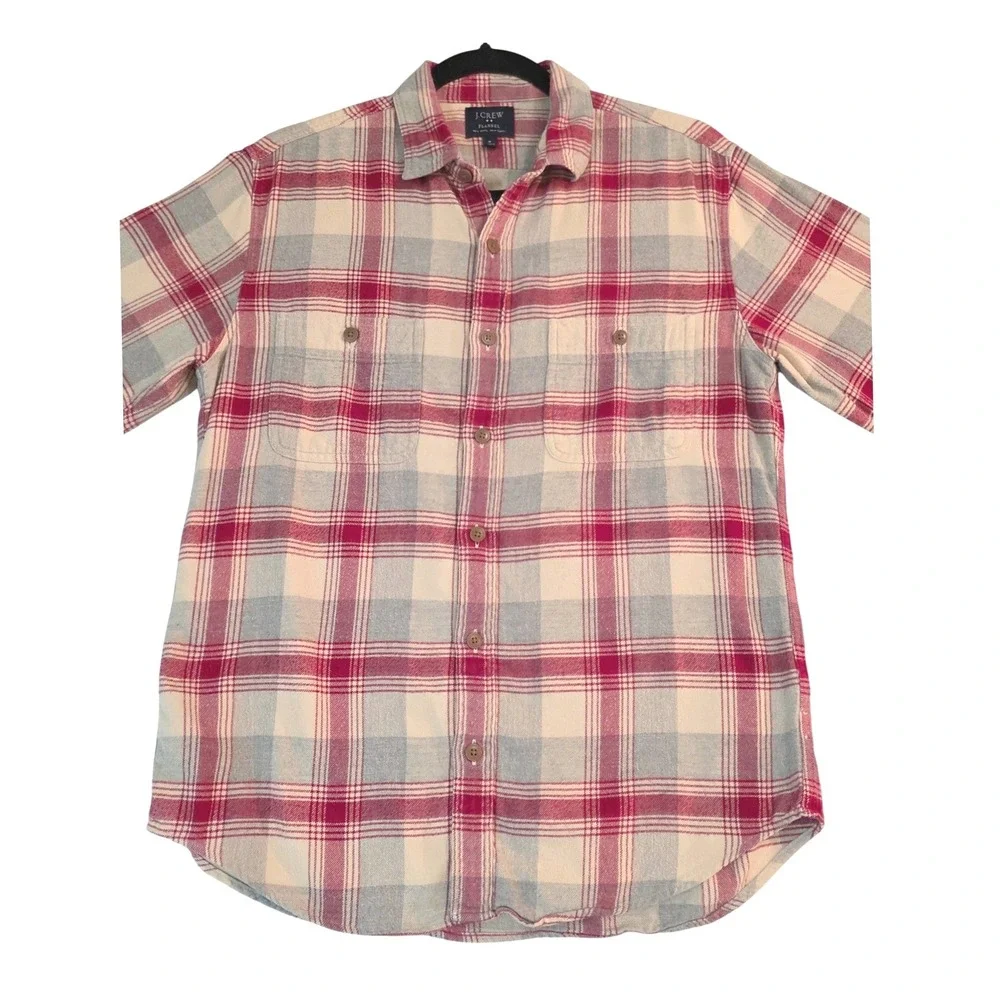 J Crew Flannel Shirt Cream Red‎ Blue Plaid Long Sleeve Button Up Men's M